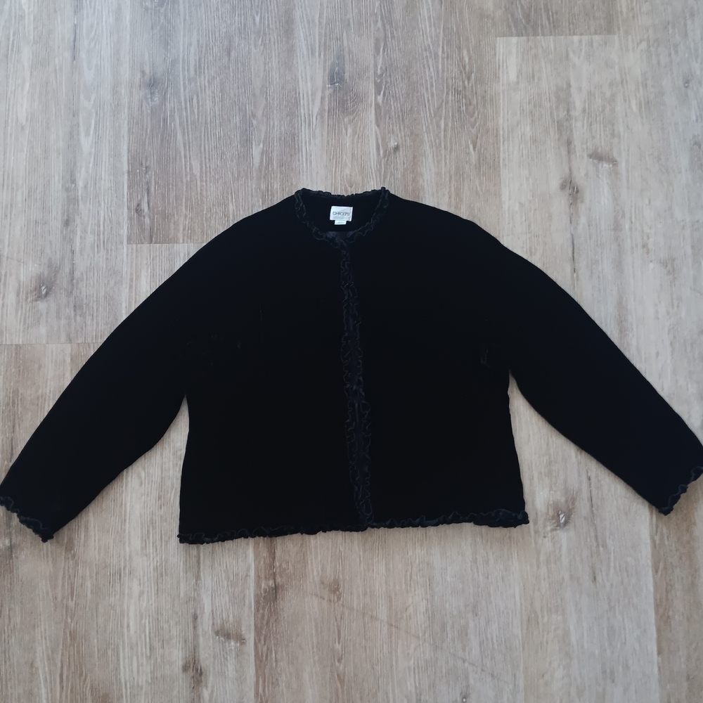 Chicos Black Velvet Cardigan Sz 3/XL Silk Blend Ruffle Open Front Whimsygoth Y2k